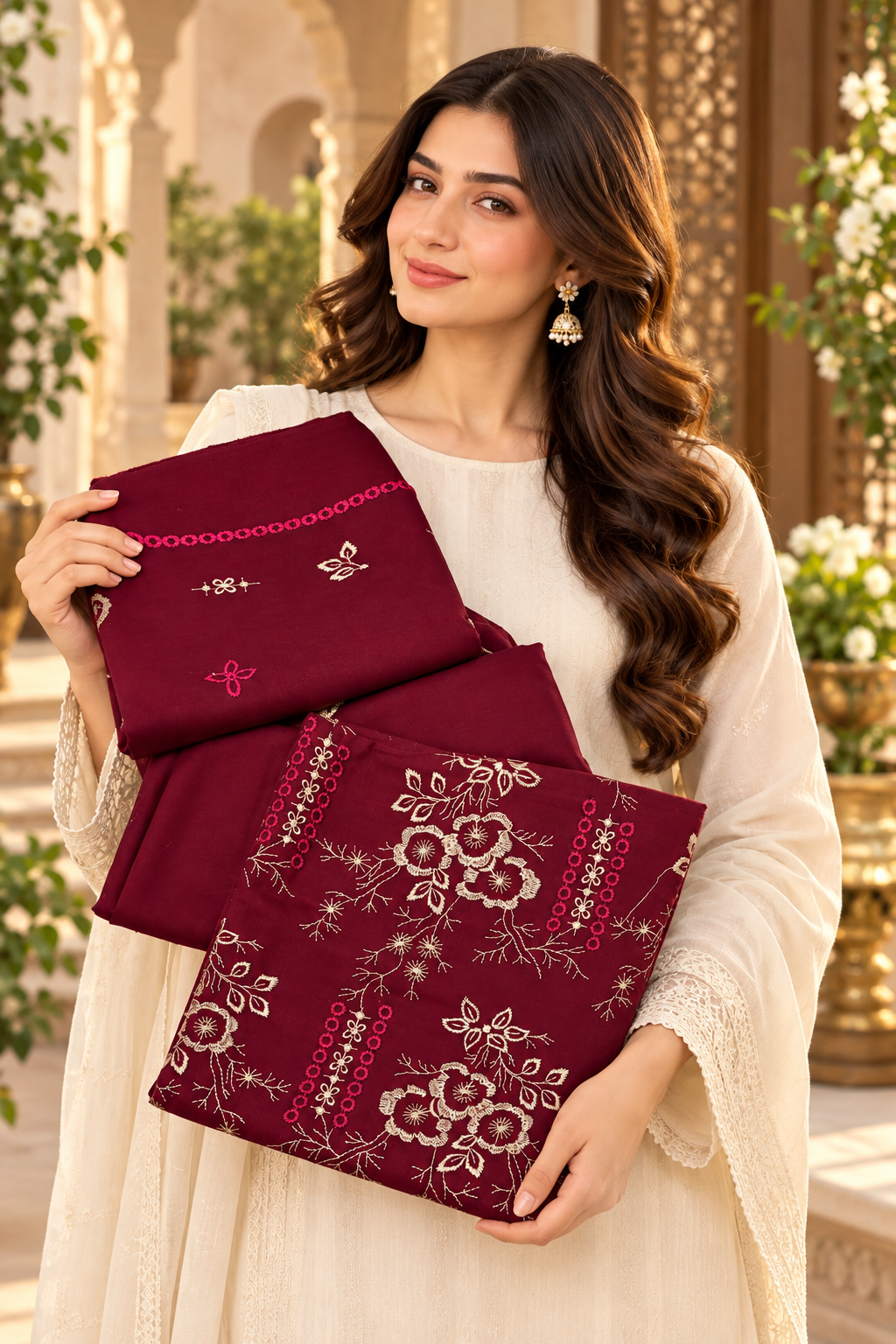 Woman holding the burgundy embroidered Dhanak fabric set.