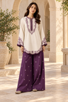 Scalloped Hem Dhanak - 2-Piece Unstitched Suit; Ivory and Plum, front model styling view. Supplied unstitched.