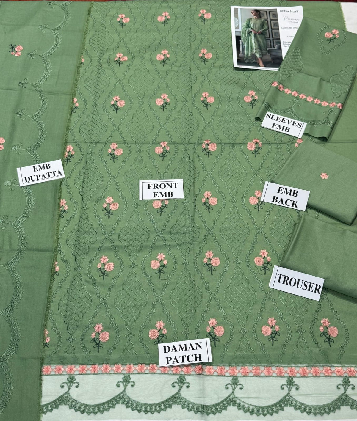Sage Floral Embroidered Dhanak - 3-Piece Unstitched Suit; Sage Green, actual fabric and design detail.