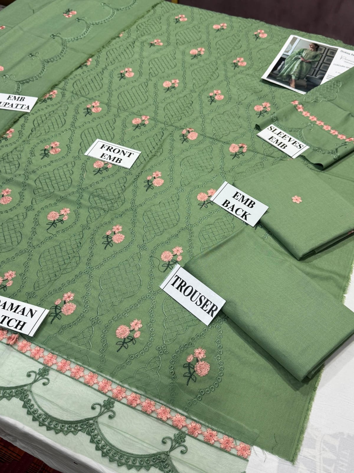 Sage Floral Embroidered Dhanak - 3-Piece Unstitched Suit; Sage Green, actual fabric and design detail.