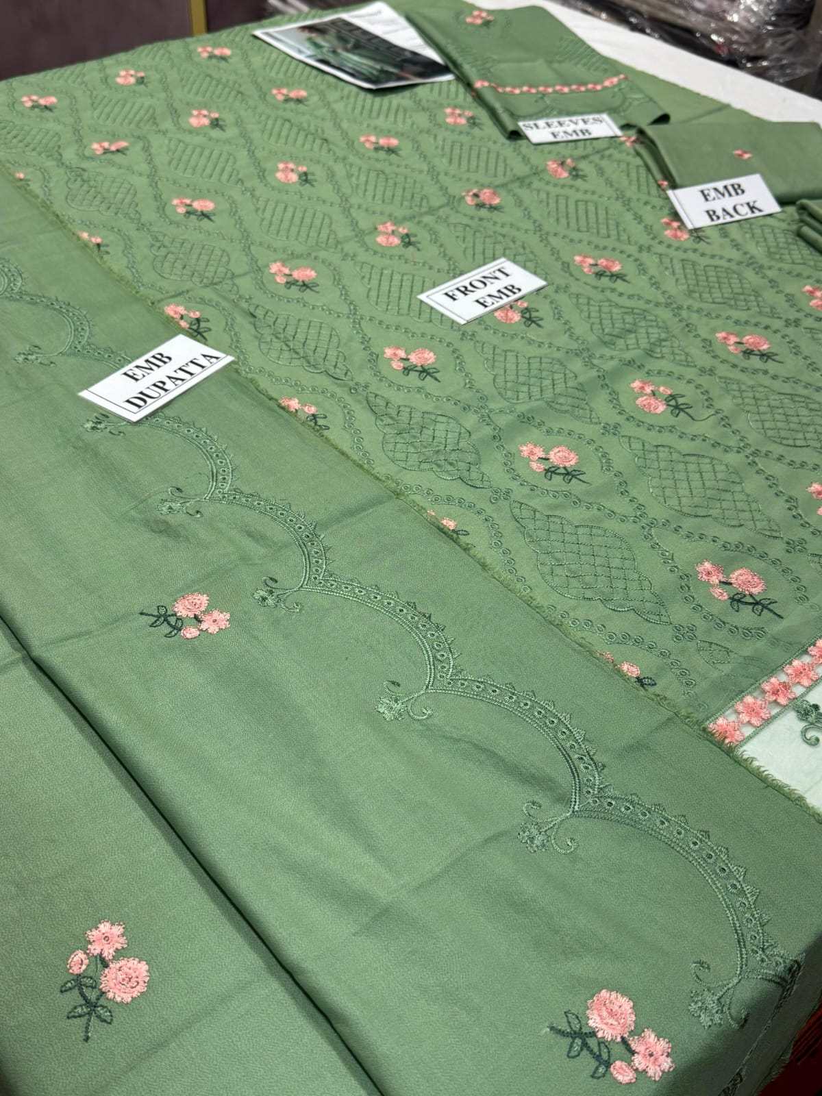 Sage Floral Embroidered Dhanak - 3-Piece Unstitched Suit; Sage Green, actual fabric and design detail.