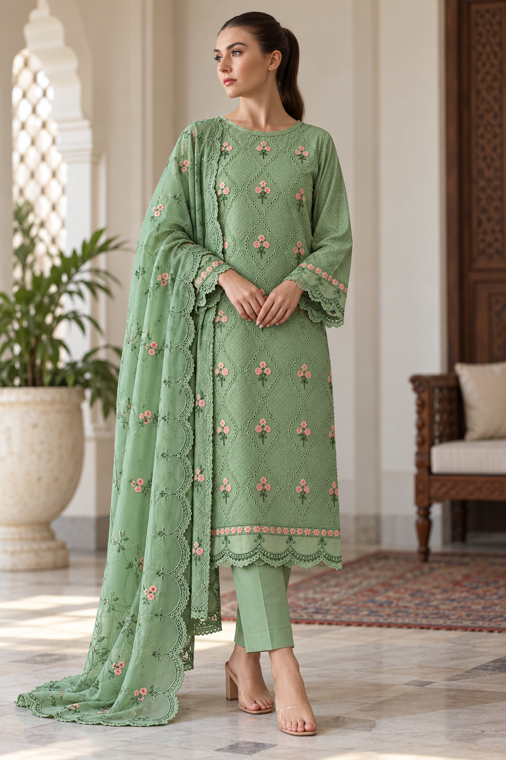Sage Floral Embroidered Dhanak - 3-Piece Unstitched Suit; Sage Green, front model styling view. Supplied unstitched.