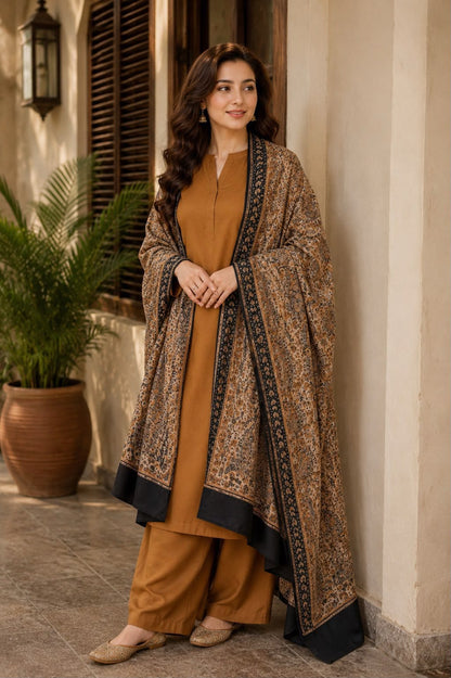 Jacquard Wool Shawl Dhanak - 3-Piece Unstitched Suit; Mustard, original model view.