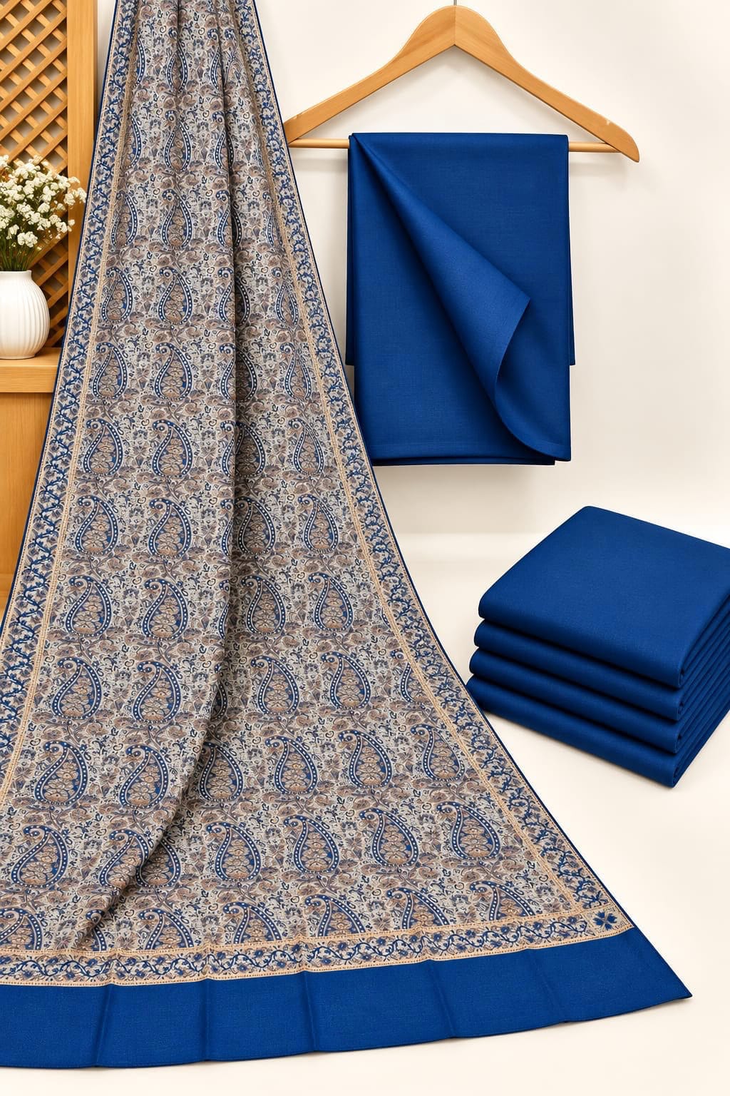 Jacquard Wool Shawl Dhanak - 3-Piece Unstitched Suit; Royal Blue, actual fabric and design detail.