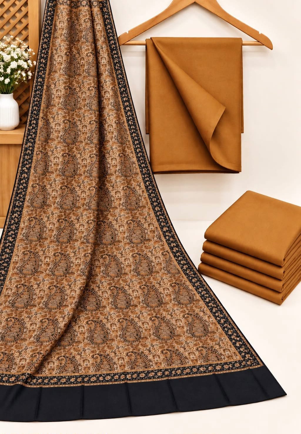 Jacquard Wool Shawl Dhanak - 3-Piece Unstitched Suit; Mustard, actual fabric and design detail.