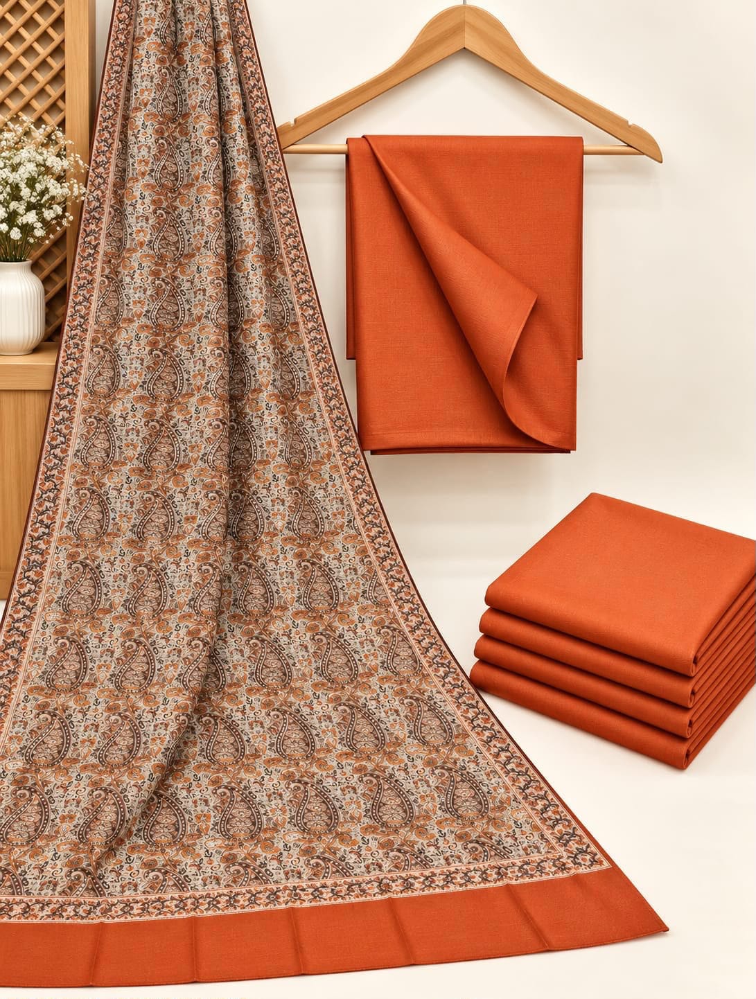 Jacquard Wool Shawl Dhanak - 3-Piece Unstitched Suit; Rust Orange, actual fabric and design detail.