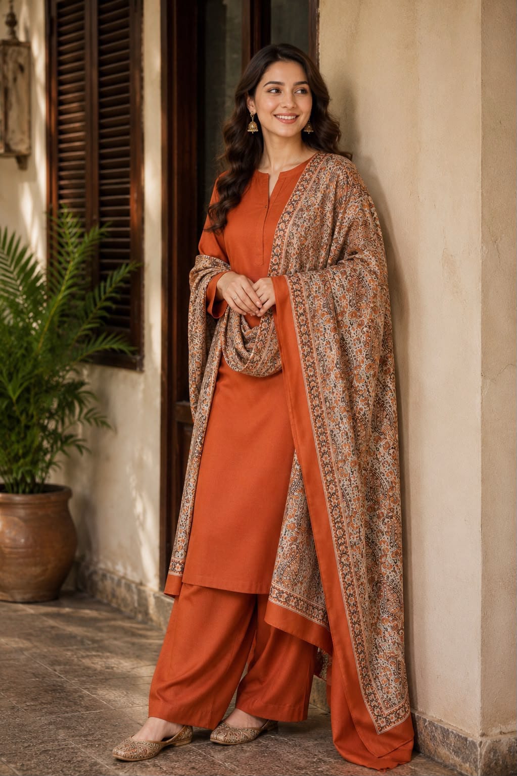 Jacquard Wool Shawl Dhanak - 3-Piece Unstitched Suit; Rust Orange, original model view.