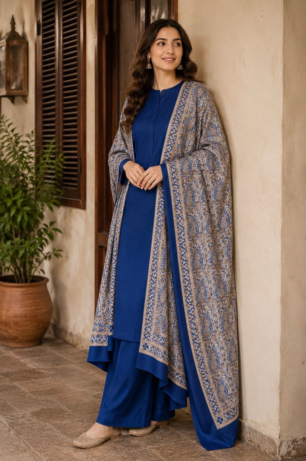 Jacquard Wool Shawl Dhanak - 3-Piece Unstitched Suit; Royal Blue, original model view.