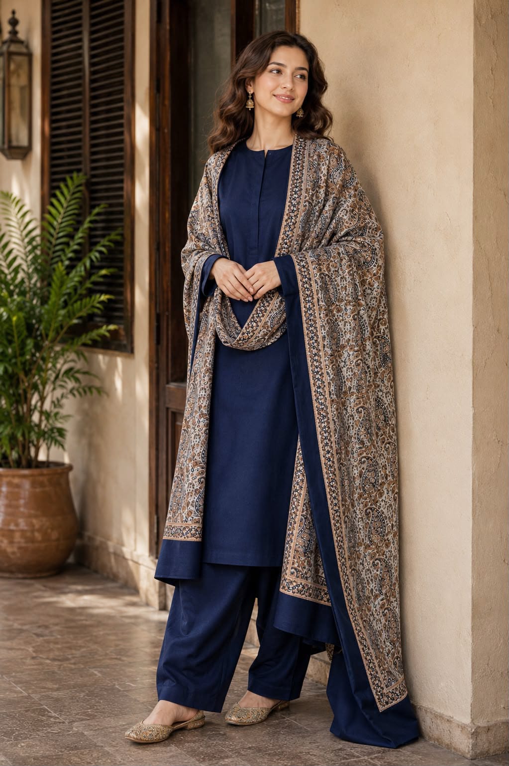 Jacquard Wool Shawl Dhanak - 3-Piece Unstitched Suit; Navy, original model view.