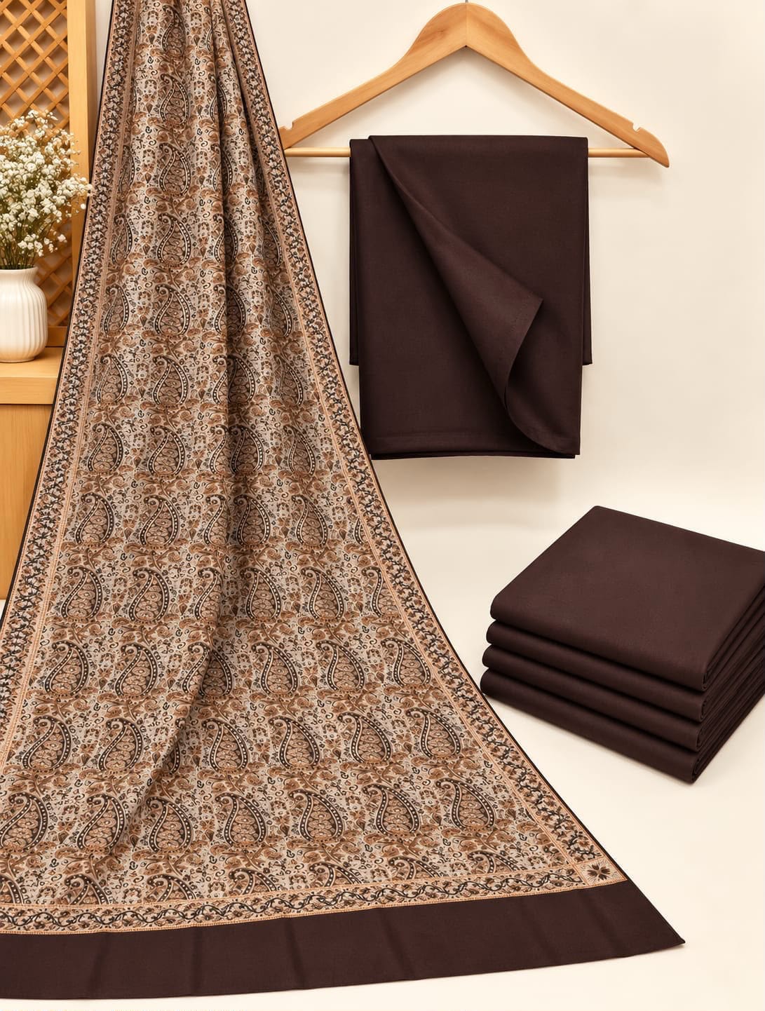 Jacquard Wool Shawl Dhanak - 3-Piece Unstitched Suit; Chocolate, actual fabric and design detail.
