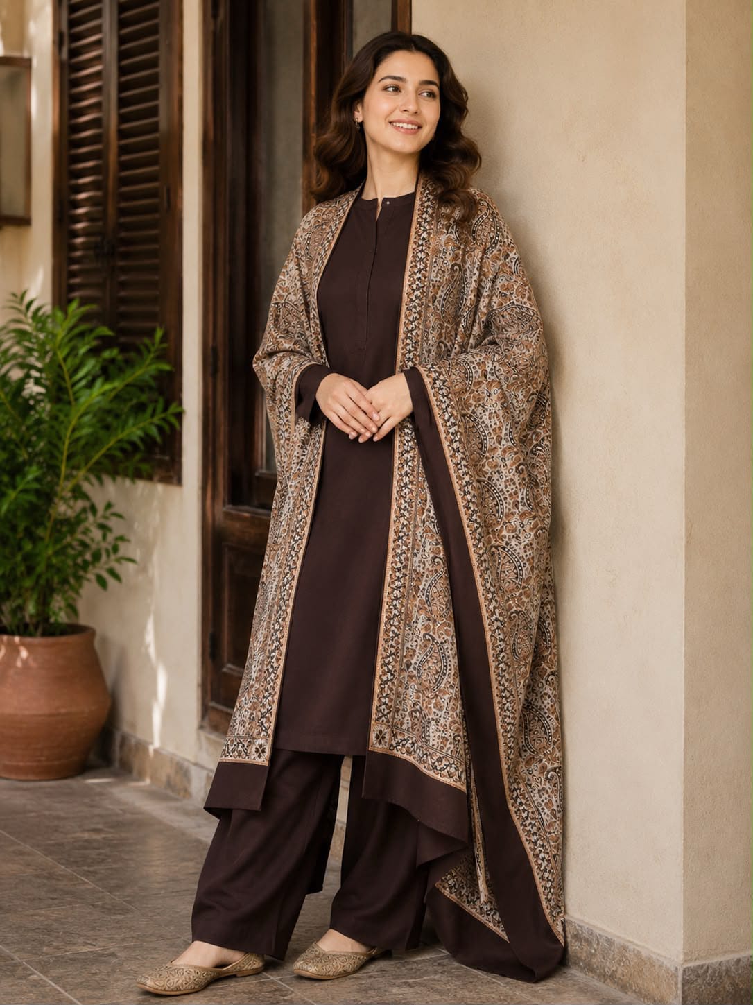 Jacquard Wool Shawl Dhanak - 3-Piece Unstitched Suit; Chocolate, original model view.