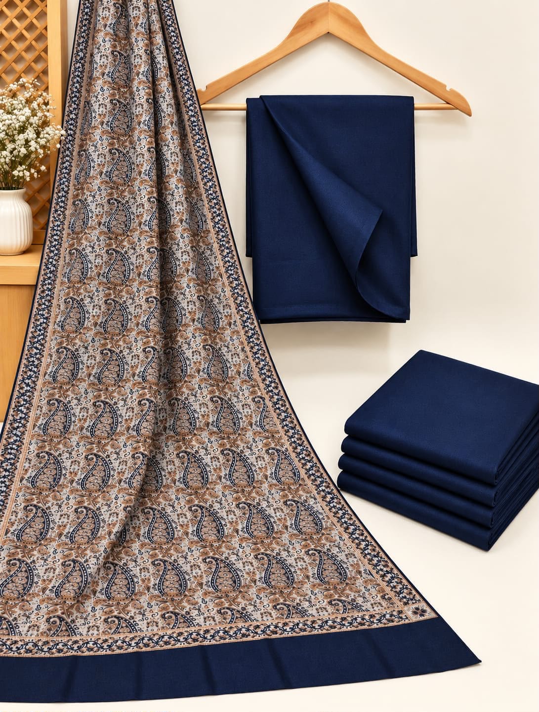 Jacquard Wool Shawl Dhanak - 3-Piece Unstitched Suit; Navy, actual fabric and design detail.