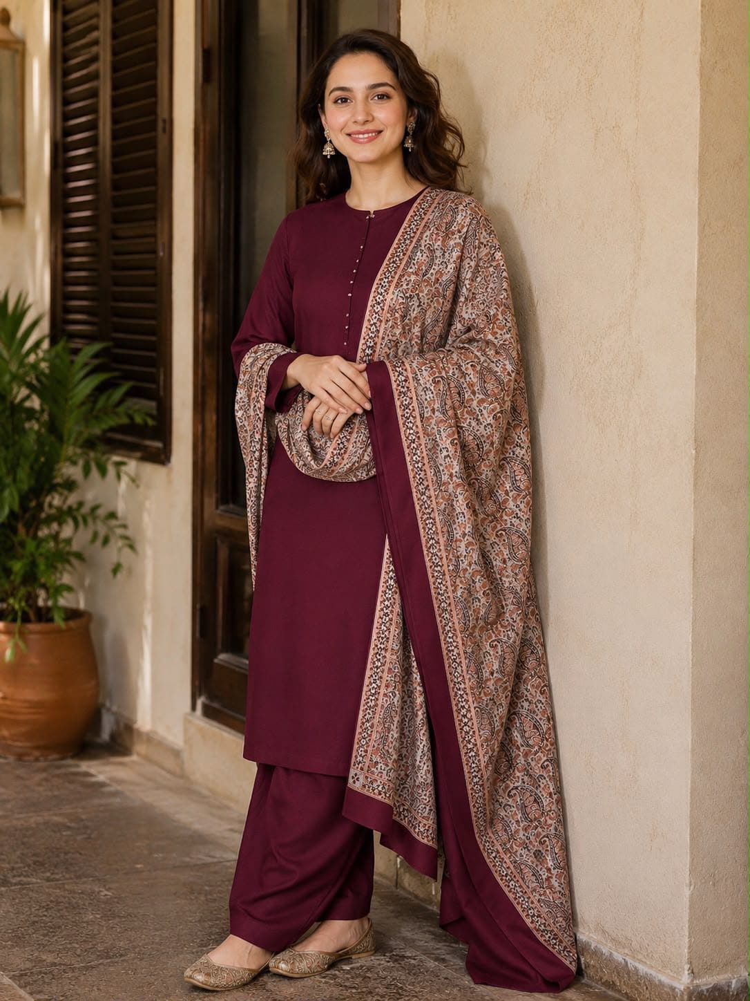 Jacquard Wool Shawl Dhanak - 3-Piece Unstitched Suit; Burgundy, original model view.