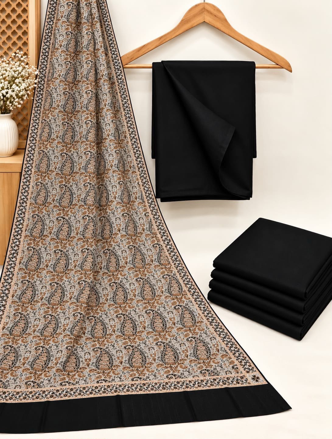Jacquard Wool Shawl Dhanak - 3-Piece Unstitched Suit; Black, actual fabric and design detail.