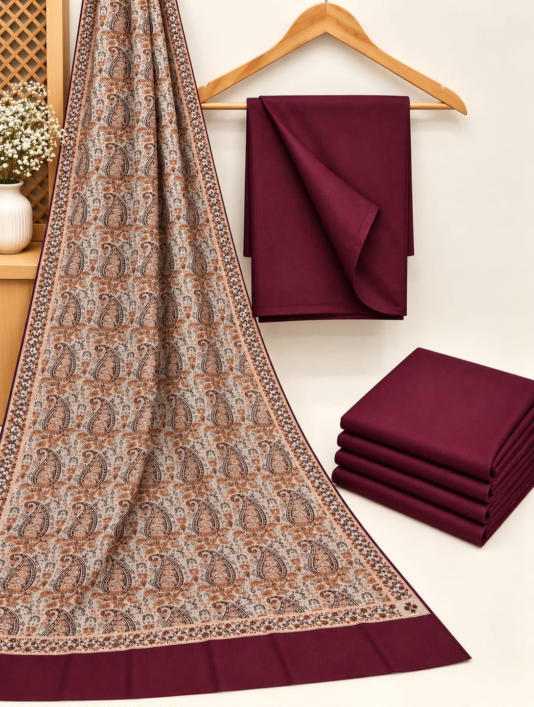 Jacquard Wool Shawl Dhanak - 3-Piece Unstitched Suit; Burgundy, actual fabric and design detail.