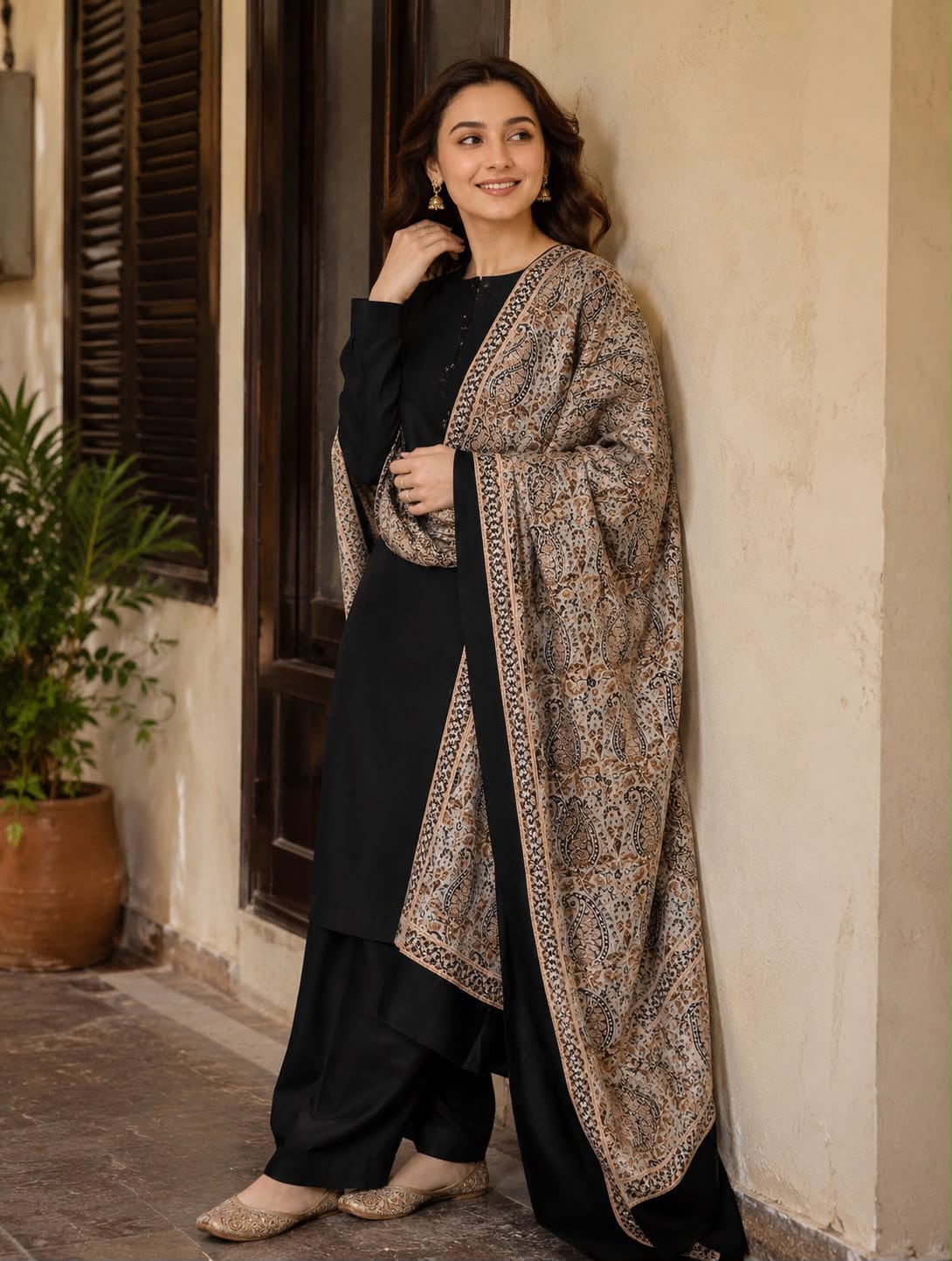 Jacquard Wool Shawl Dhanak - 3-Piece Unstitched Suit; Black, original model view.