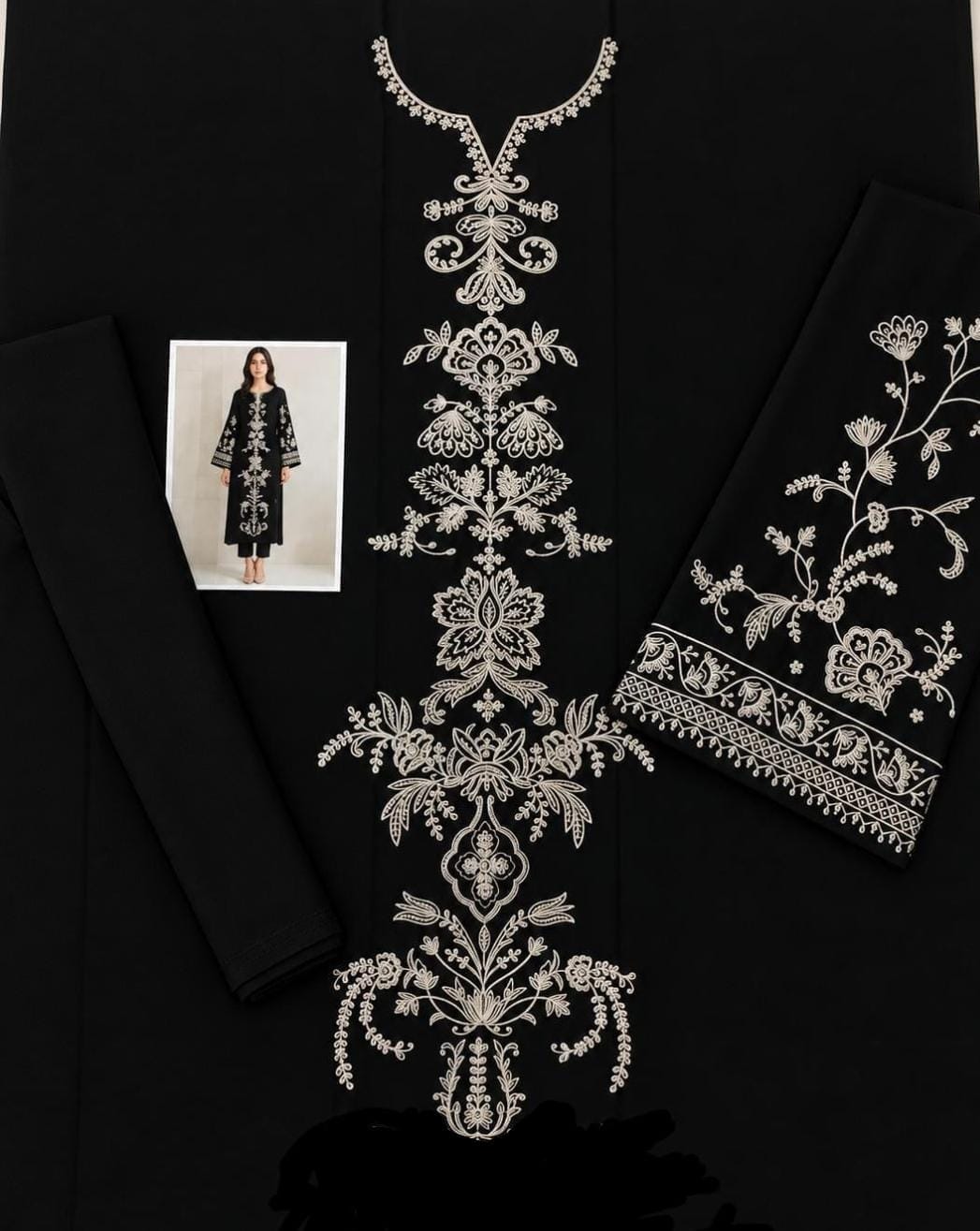 Floral and Motif Dhanak - 2-Piece Unstitched Collection; Black Medallion, actual fabric and design detail.