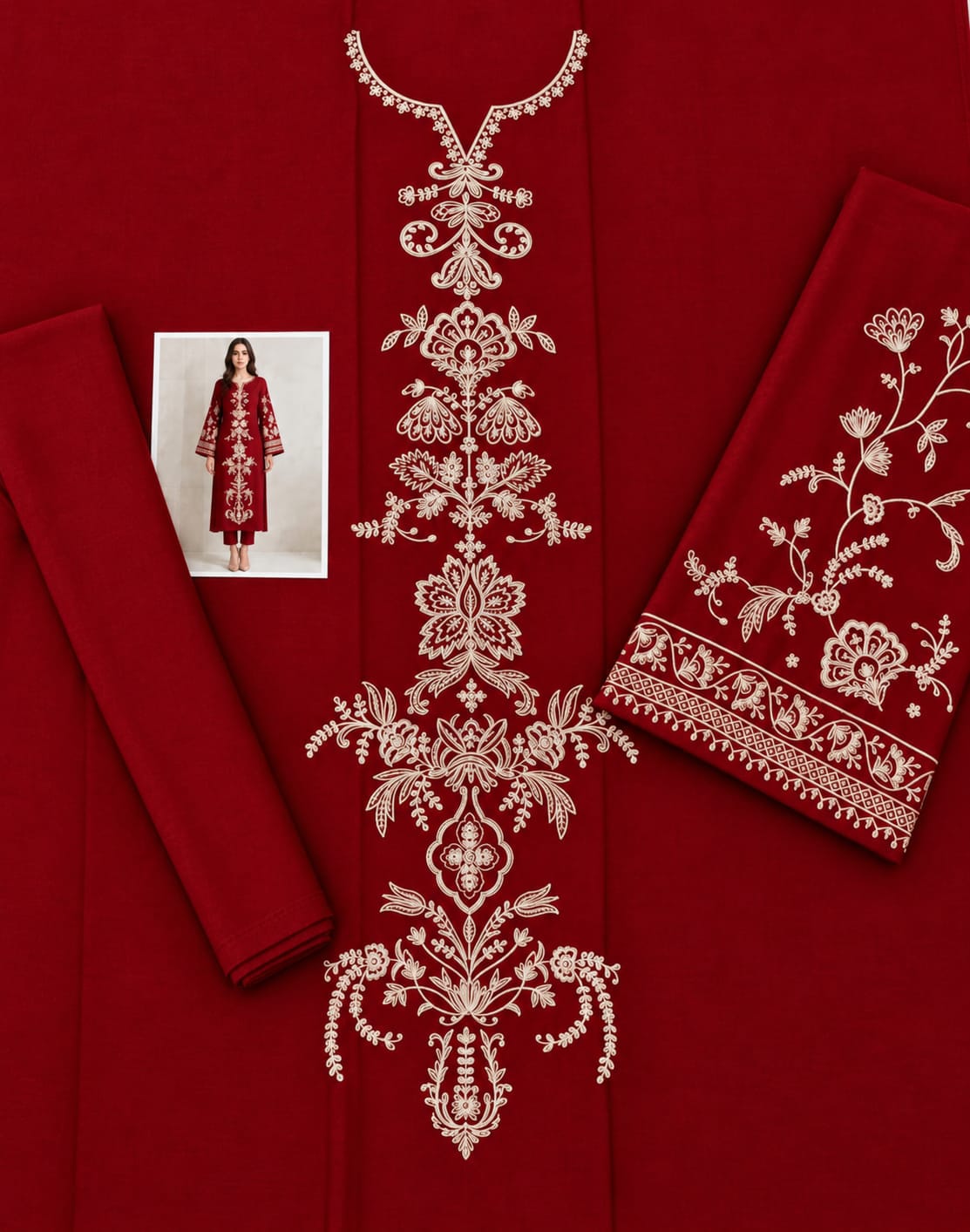 Floral and Motif Dhanak - 2-Piece Unstitched Collection; Crimson Medallion, actual fabric and design detail.