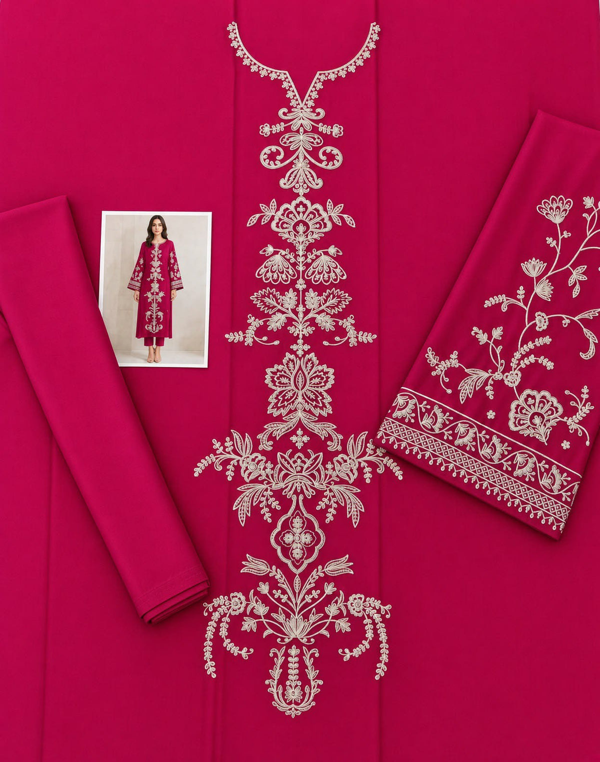 Floral and Motif Dhanak - 2-Piece Unstitched Collection; Fuchsia Medallion, actual fabric and design detail.