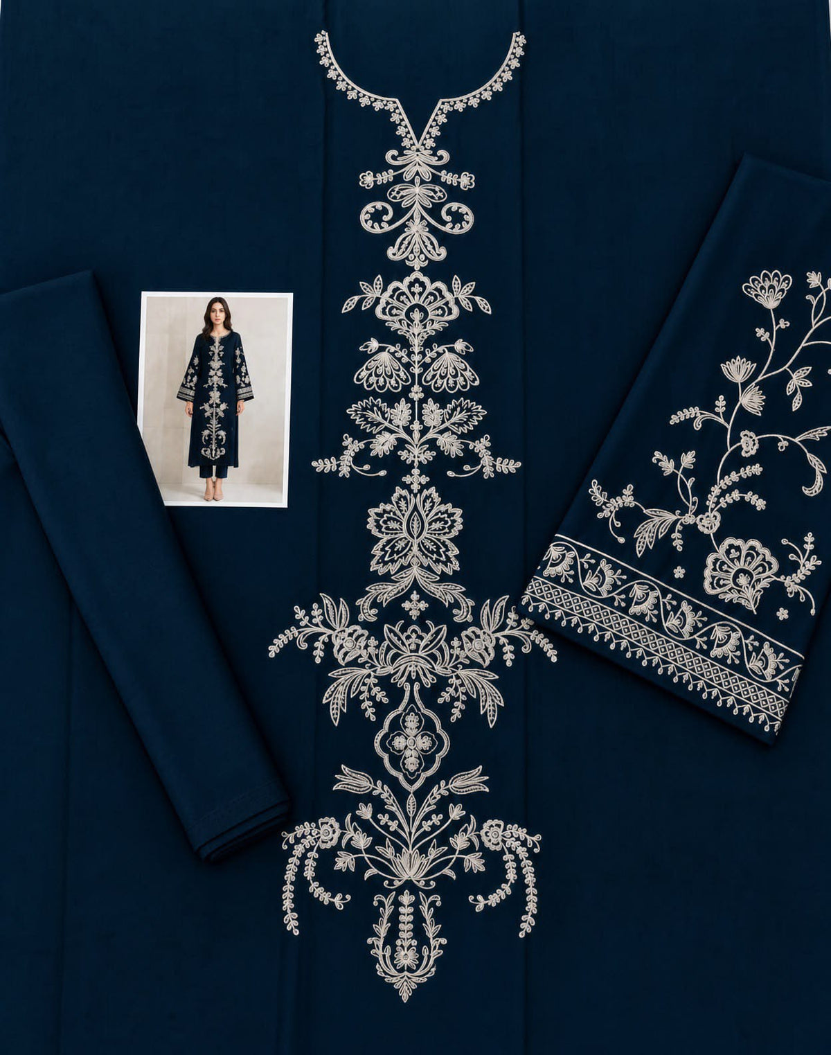 Floral and Motif Dhanak - 2-Piece Unstitched Collection; Navy Medallion, actual fabric and design detail.