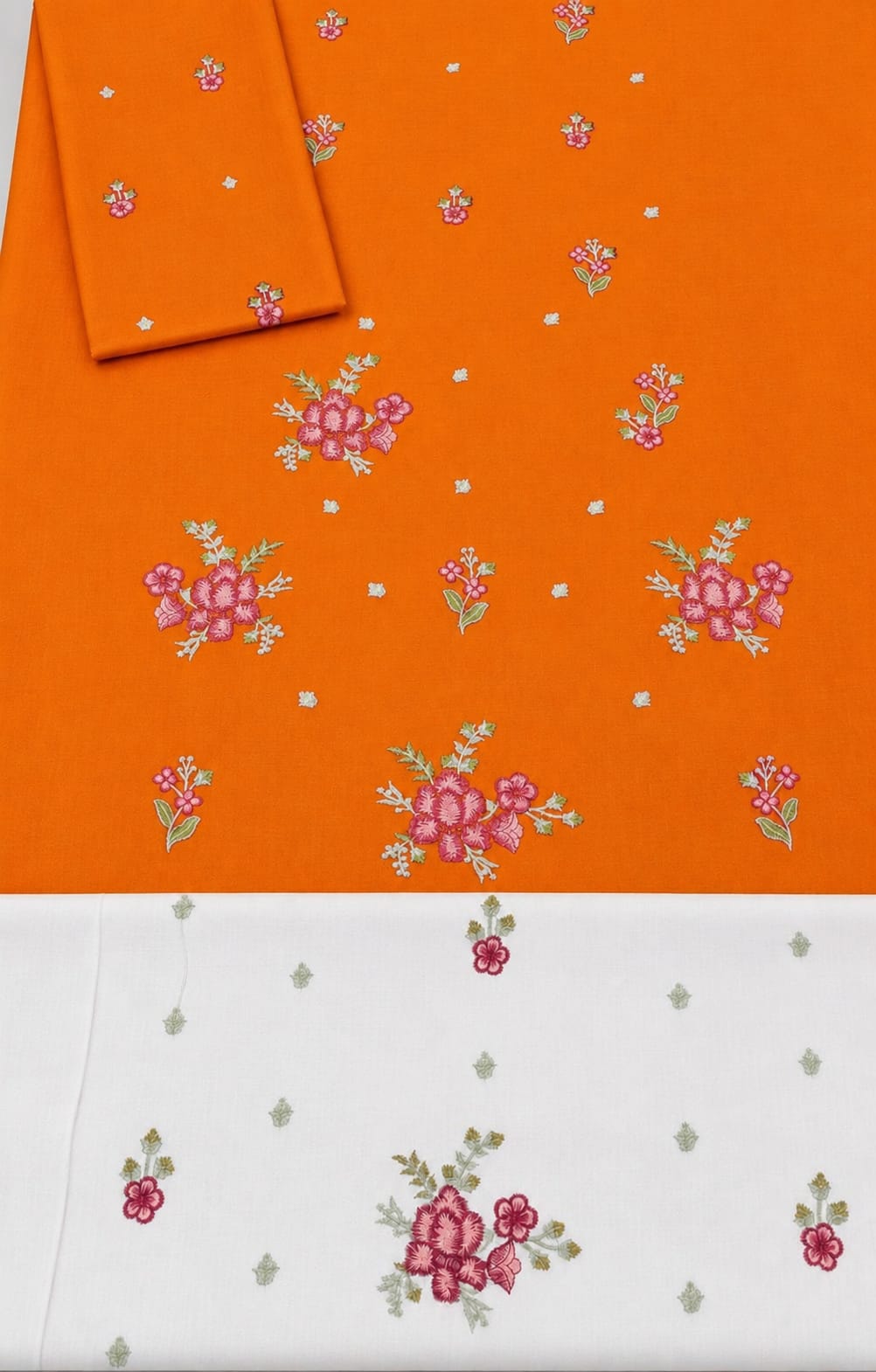 Floral and Motif Dhanak - 2-Piece Unstitched Collection; Orange Rose, actual fabric and design detail.