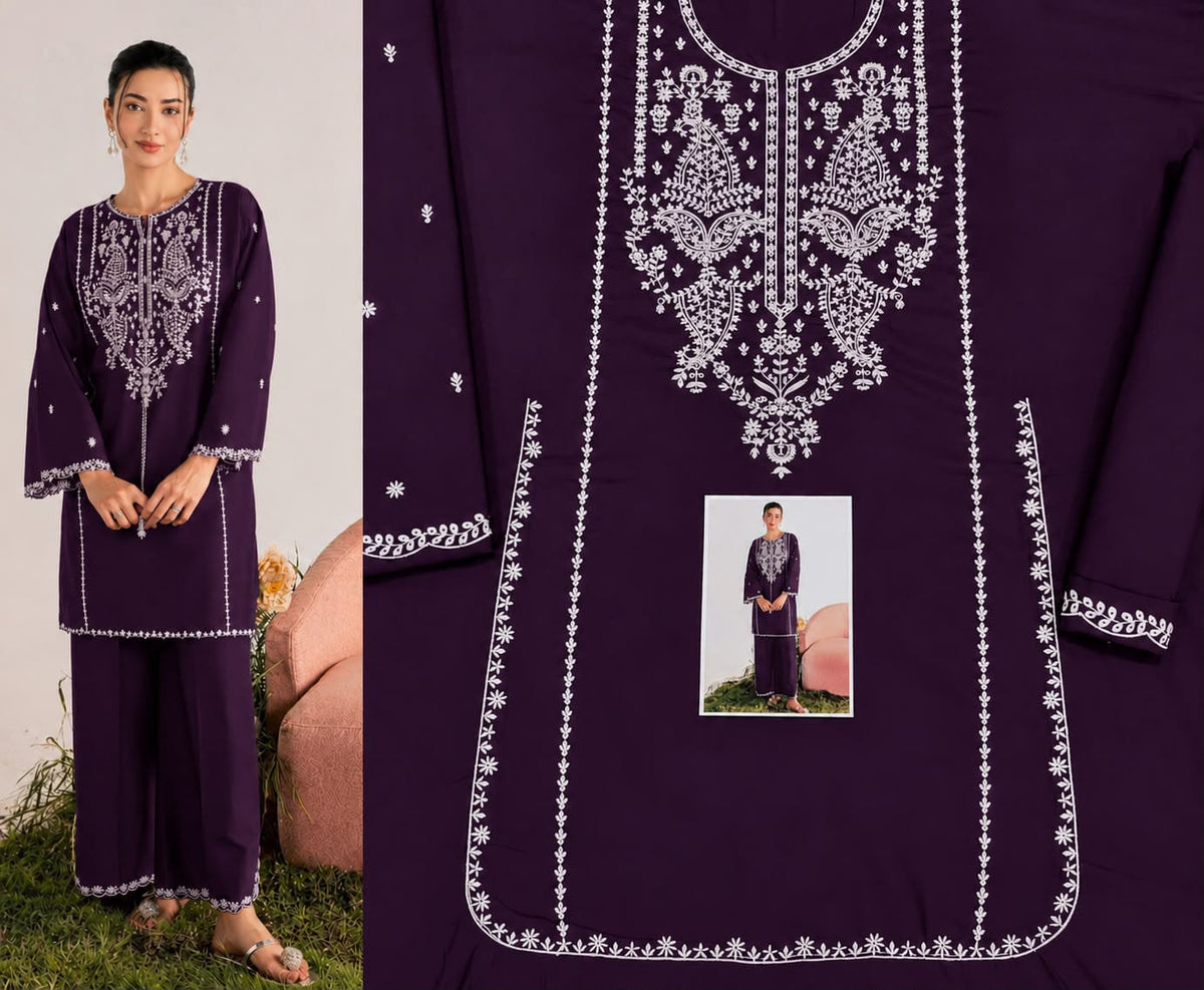 Floral and Motif Dhanak - 2-Piece Unstitched Collection; Plum Necklace, original model view.