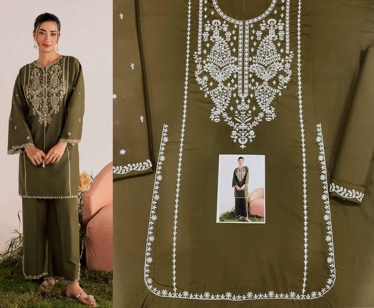 Floral and Motif Dhanak - 2-Piece Unstitched Collection; Olive Necklace, original model view.