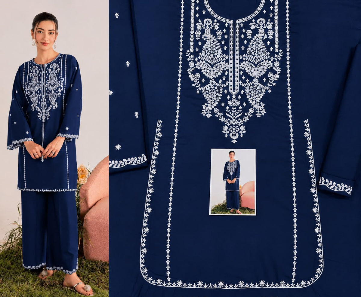 Floral and Motif Dhanak - 2-Piece Unstitched Collection; Navy Necklace, original model view.