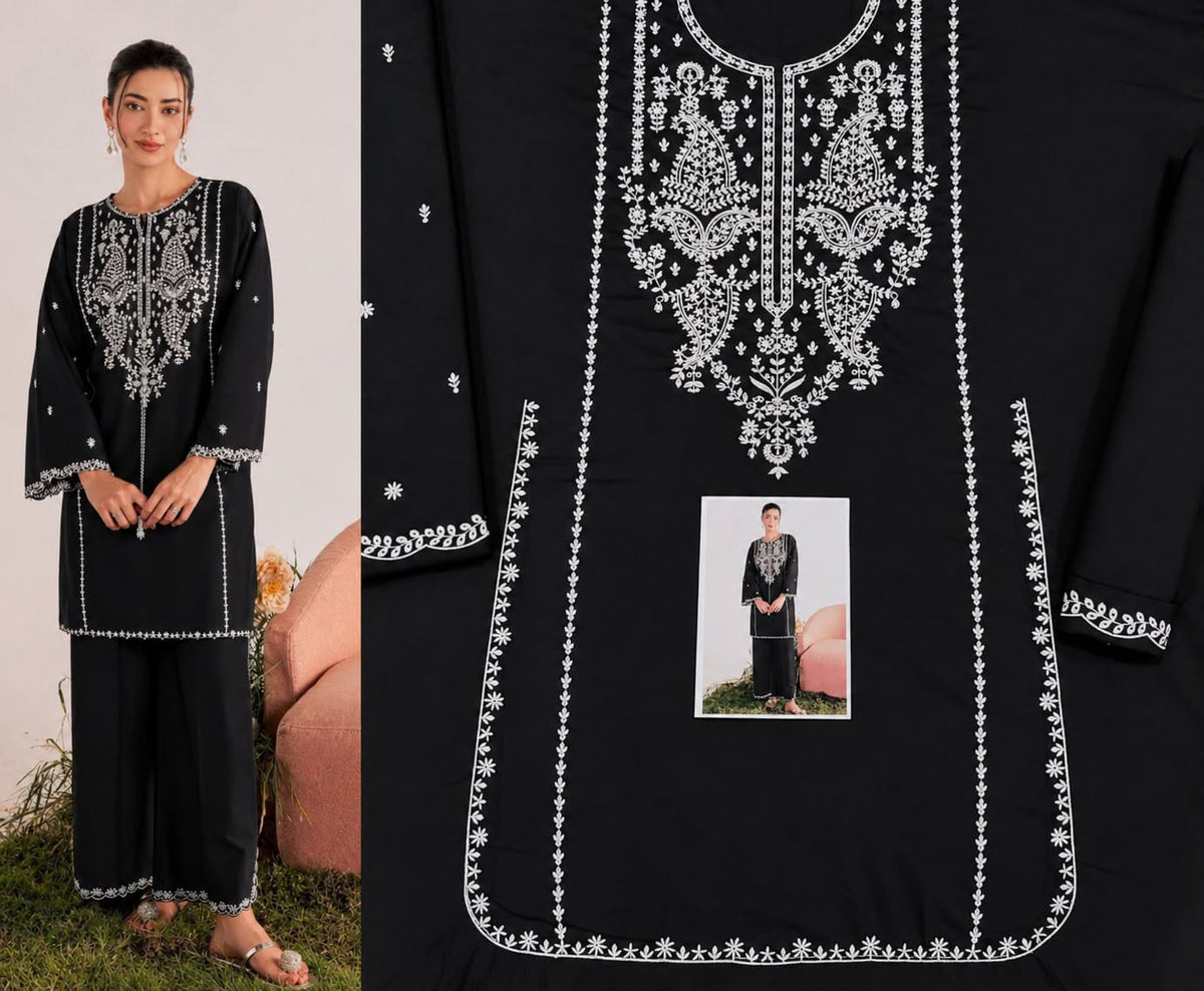 Floral and Motif Dhanak - 2-Piece Unstitched Collection; Black Necklace, original model view.
