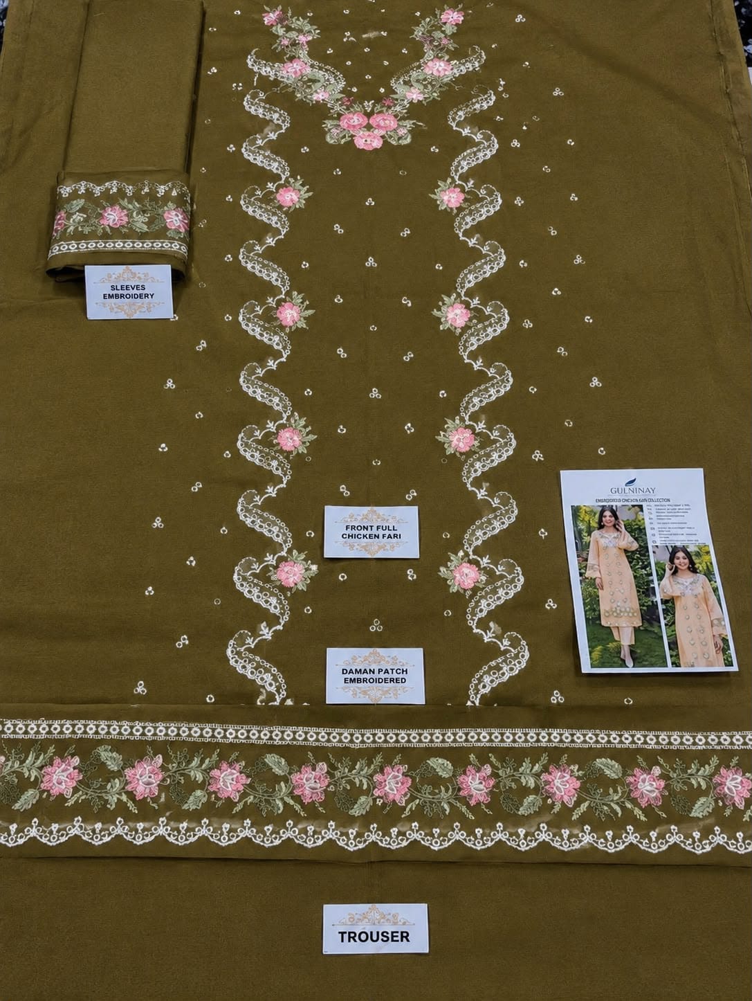Floral and Motif Dhanak - 2-Piece Unstitched Collection; Olive Floral Vine, actual fabric and design detail.