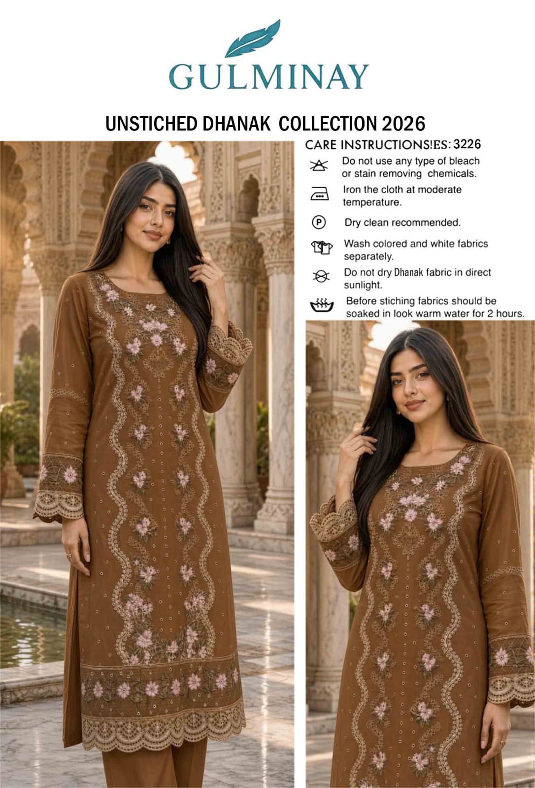 Floral and Motif Dhanak - 2-Piece Unstitched Collection; Olive Floral Vine, original model view.
