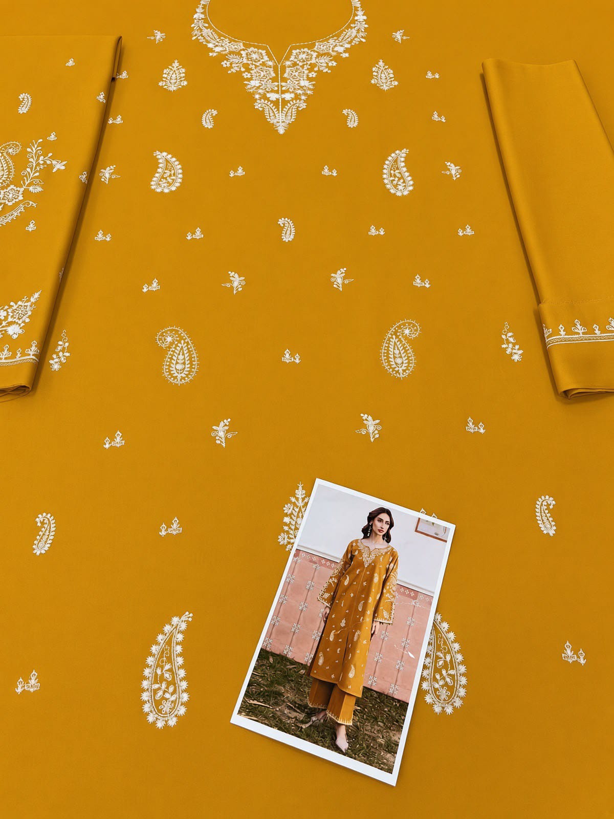 Floral and Motif Dhanak - 2-Piece Unstitched Collection; Mustard Allover, actual fabric and design detail.