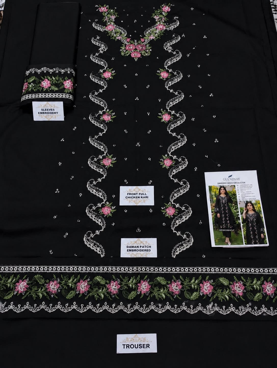 Floral and Motif Dhanak - 2-Piece Unstitched Collection; Black Floral Vine, actual fabric and design detail.