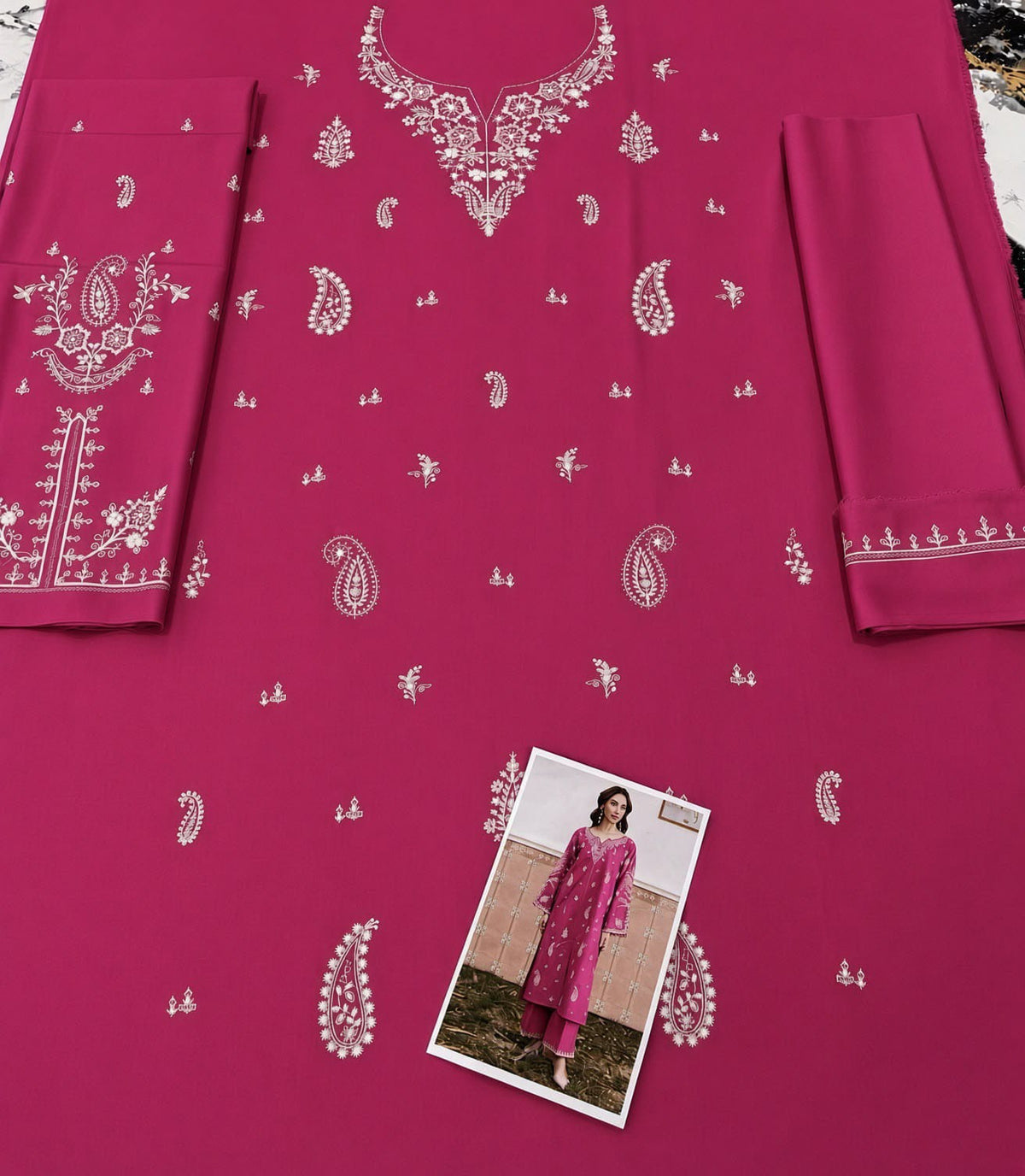 Floral and Motif Dhanak - 2-Piece Unstitched Collection; Fuchsia Floral Vine, actual fabric and design detail.