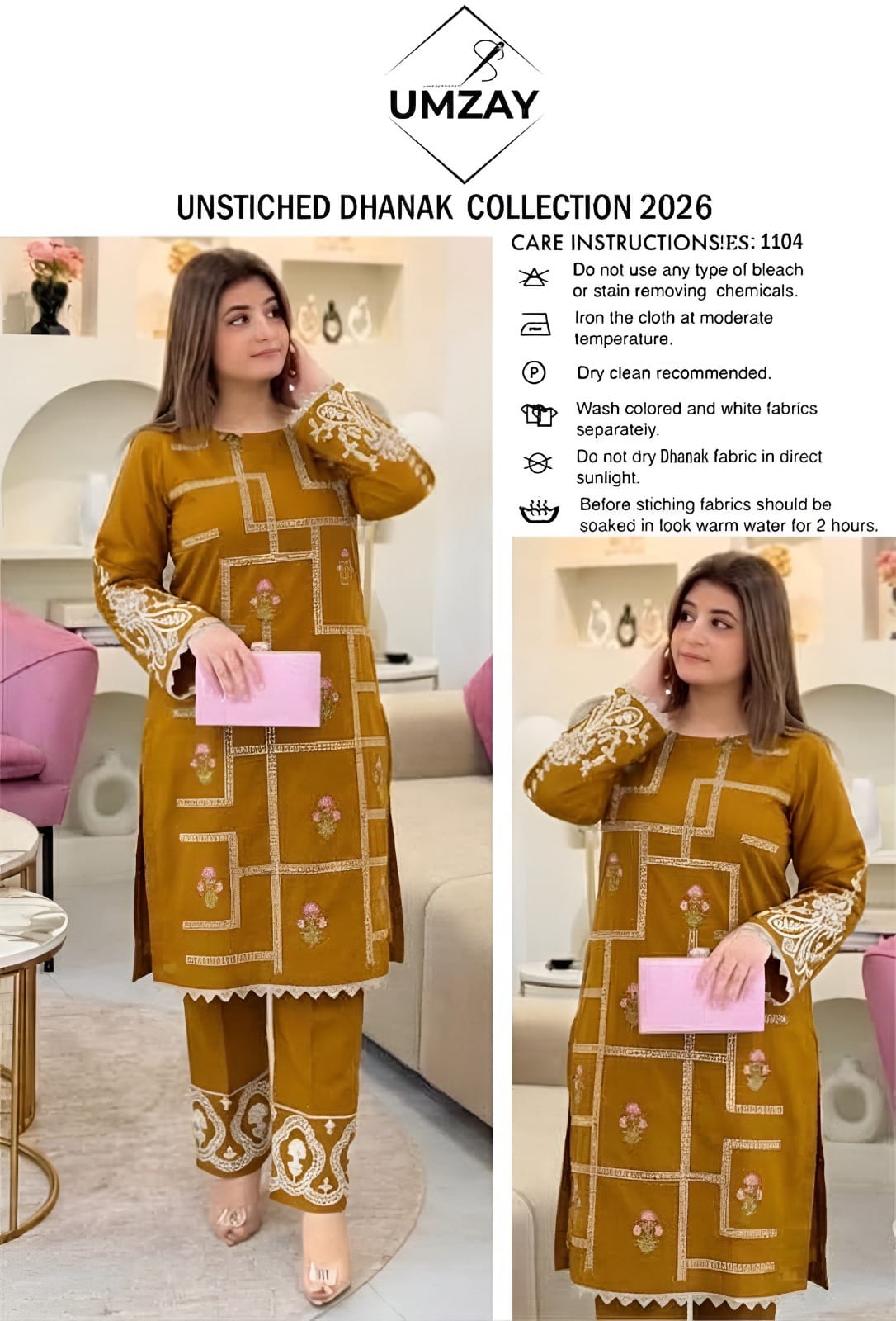 Floral and Motif Dhanak - 2-Piece Unstitched Collection; Mustard Windowpane, original model view.