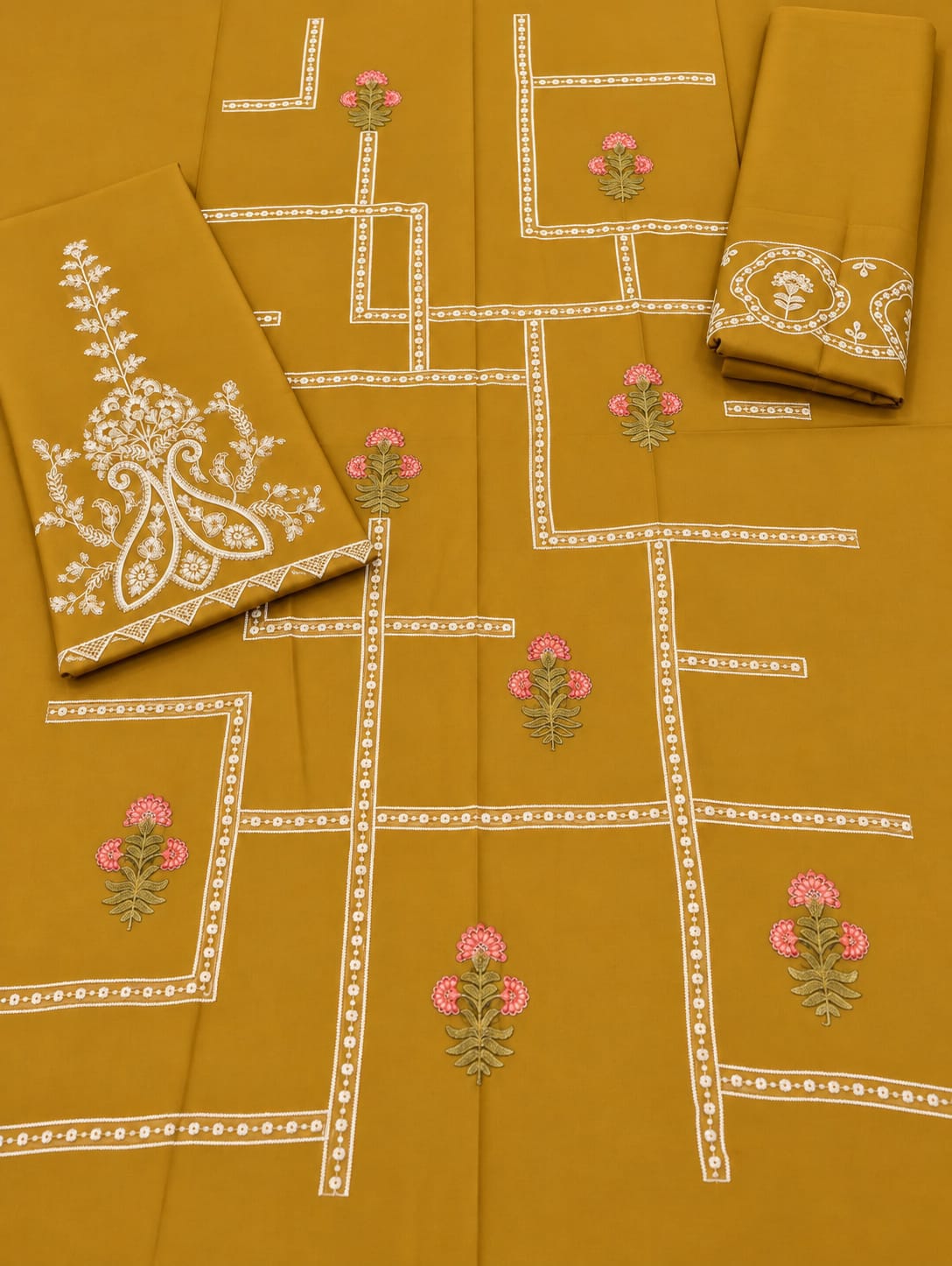 Floral and Motif Dhanak - 2-Piece Unstitched Collection; Mustard Windowpane, actual fabric and design detail.