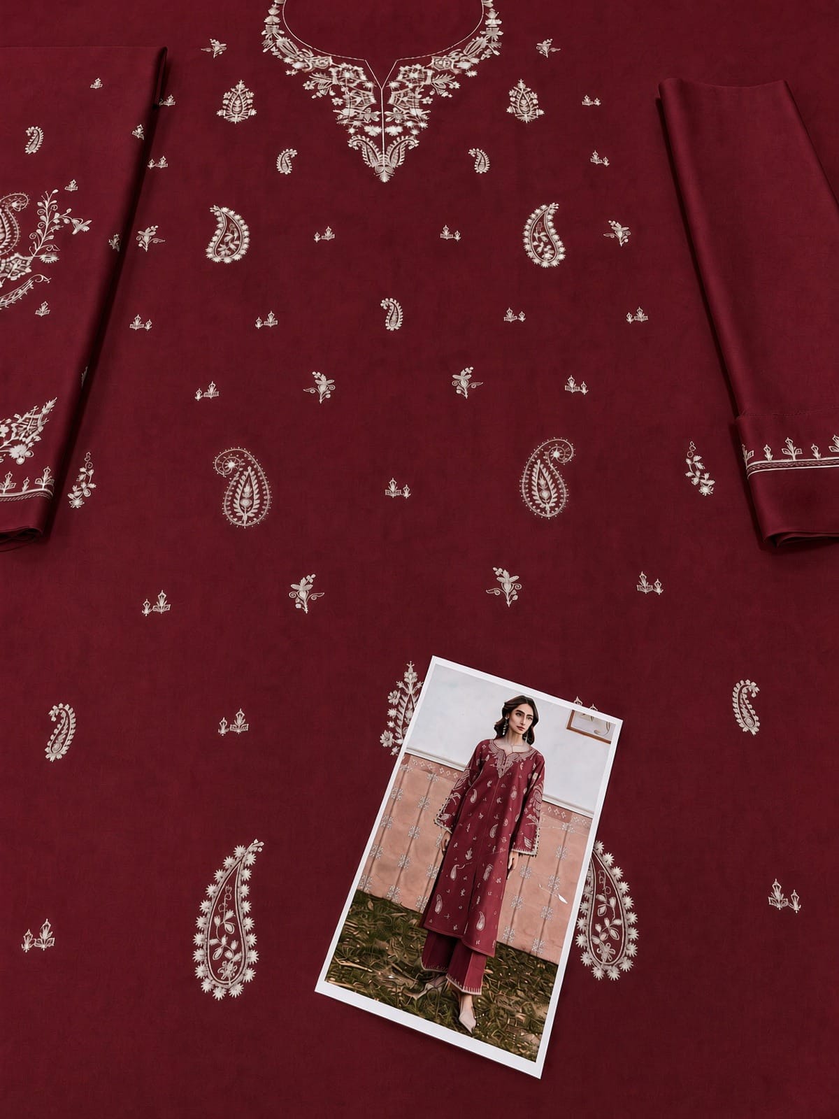 Floral and Motif Dhanak - 2-Piece Unstitched Collection; Burgundy Allover, actual fabric and design detail.