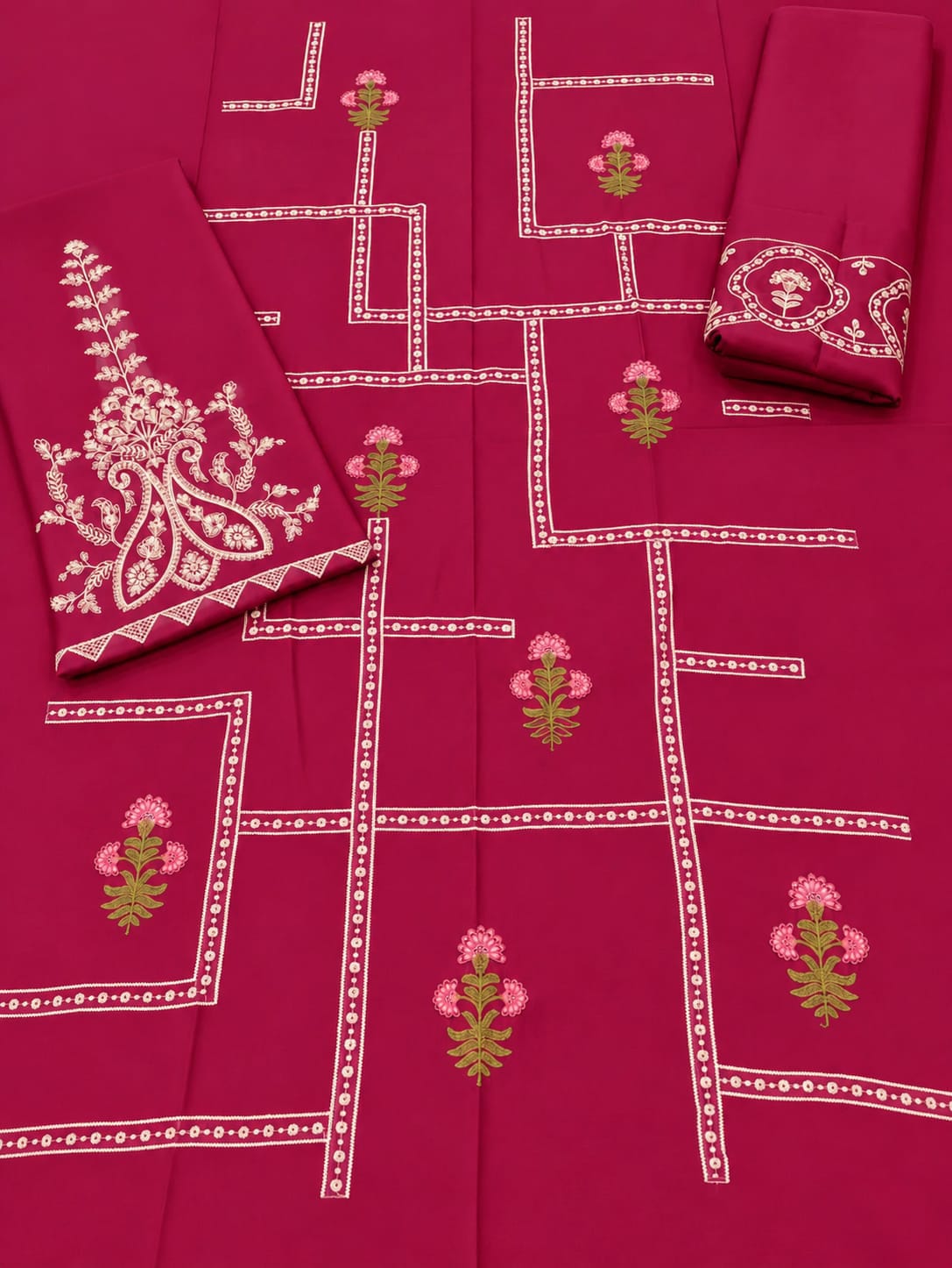Floral and Motif Dhanak - 2-Piece Unstitched Collection; Fuchsia Windowpane, actual fabric and design detail.