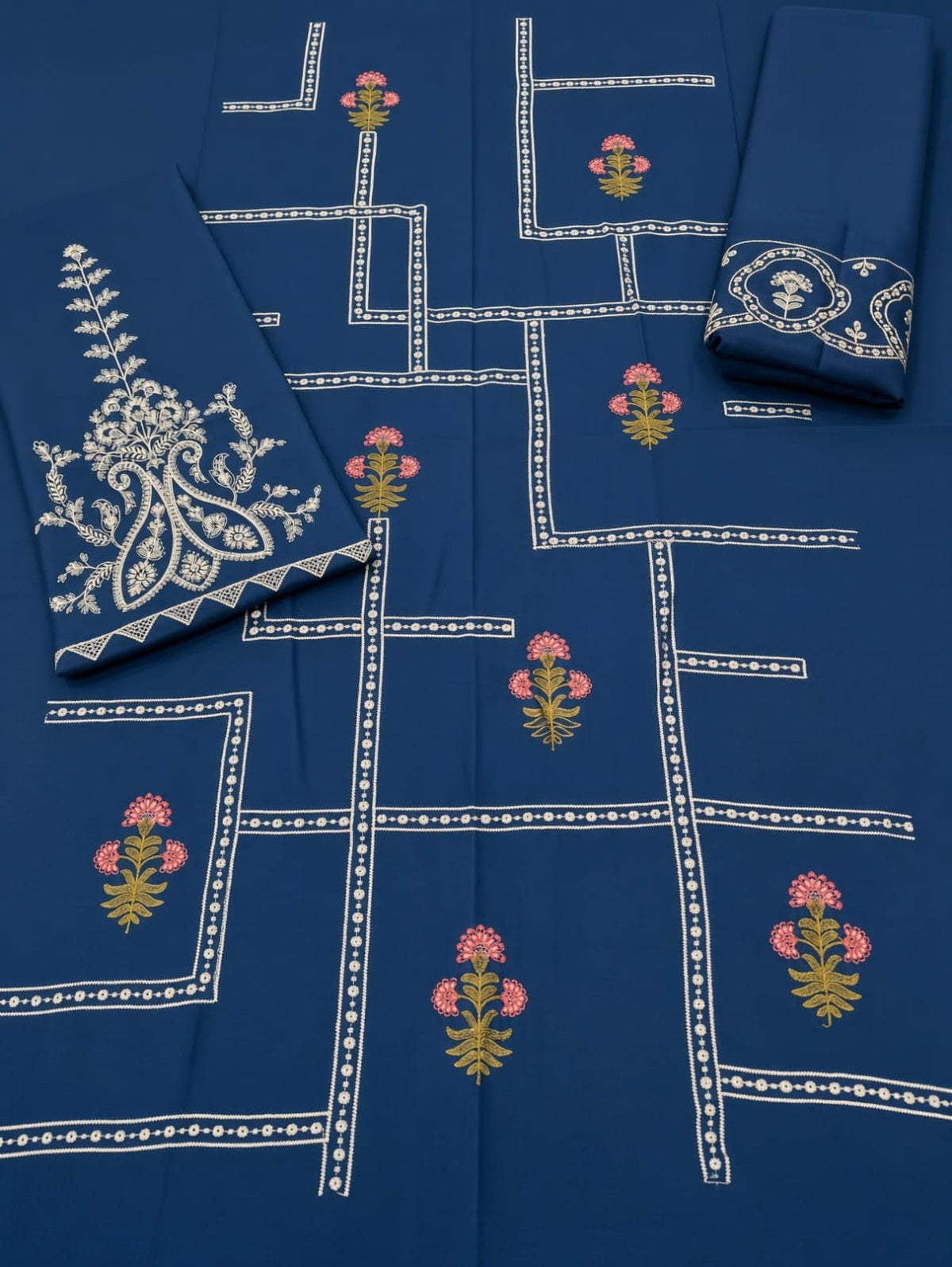 Floral and Motif Dhanak - 2-Piece Unstitched Collection; Navy Windowpane, actual fabric and design detail.