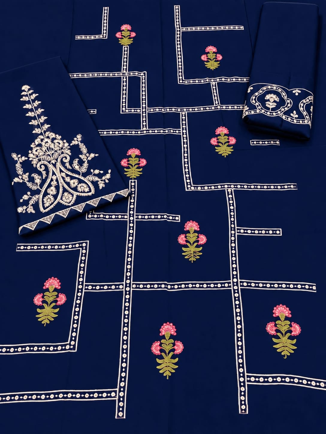 Floral and Motif Dhanak - 2-Piece Unstitched Collection; Navy Windowpane, actual fabric and design detail.