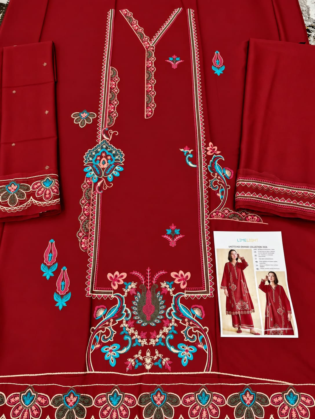 Floral and Motif Dhanak - 2-Piece Unstitched Collection; Red Botanical, actual fabric and design detail.