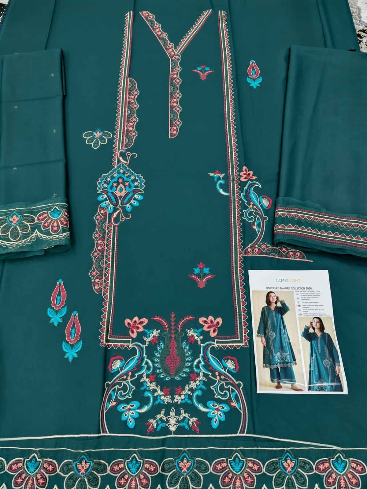 Floral and Motif Dhanak - 2-Piece Unstitched Collection; Teal Botanical, actual fabric and design detail.