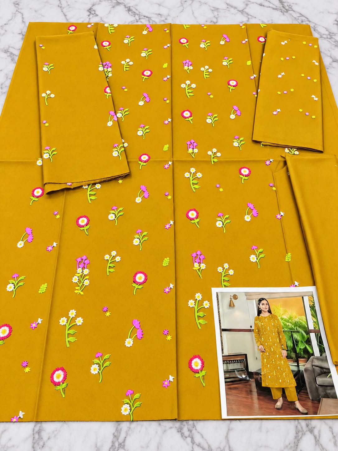 Floral and Motif Dhanak - 2-Piece Unstitched Collection; Mustard Sprig, actual fabric and design detail.