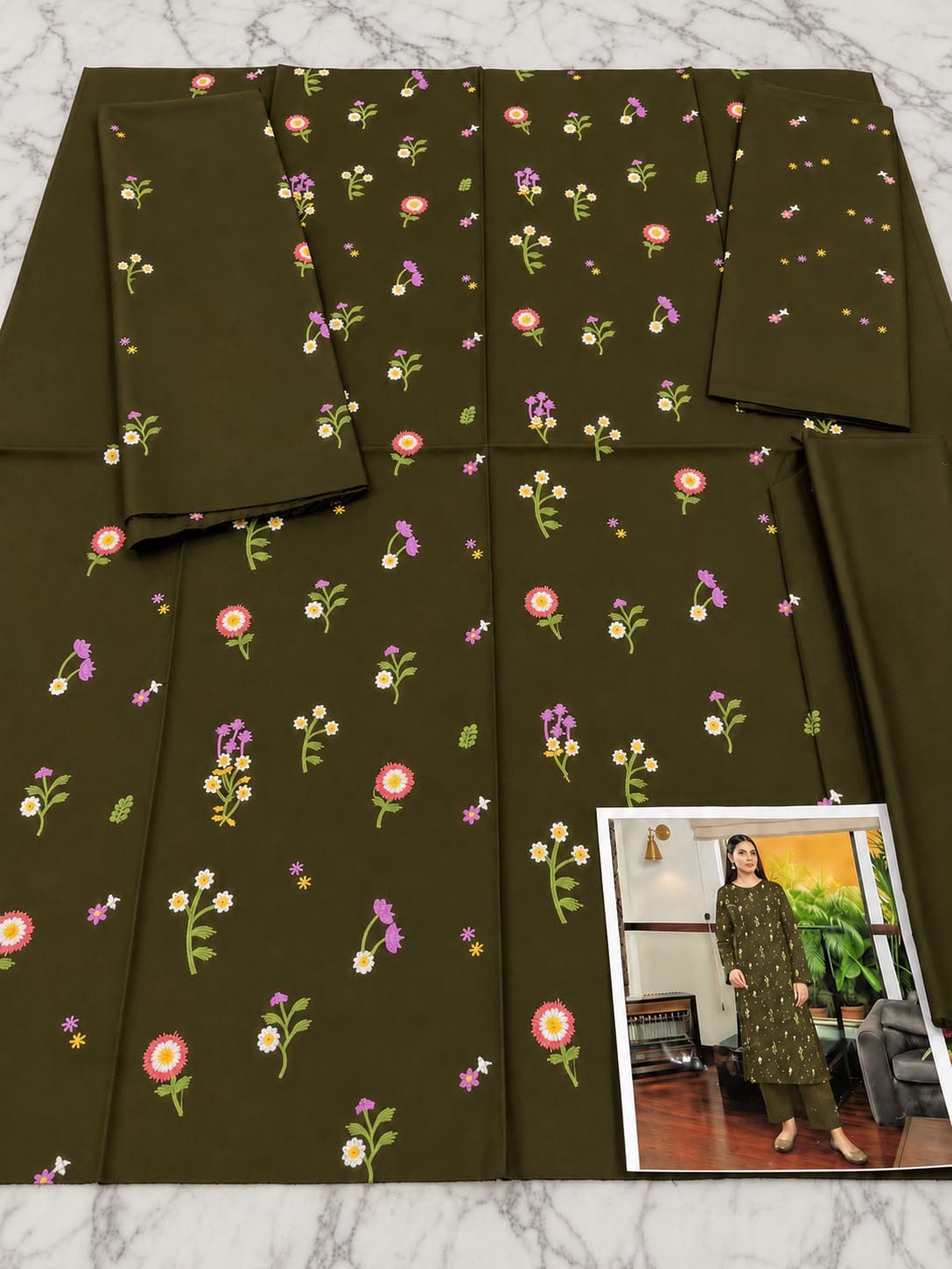 Floral and Motif Dhanak - 2-Piece Unstitched Collection; Olive Sprig, actual fabric and design detail.