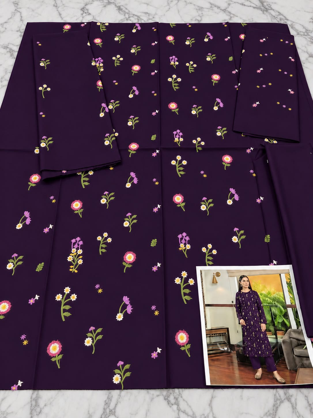 Floral and Motif Dhanak - 2-Piece Unstitched Collection; Purple Sprig, actual fabric and design detail.