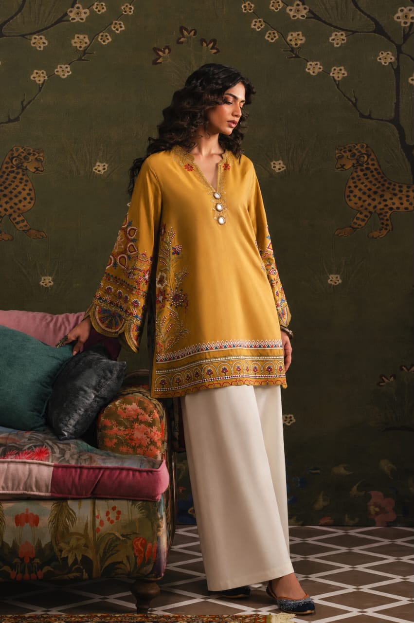 Floral and Motif Dhanak - 2-Piece Unstitched Collection; Mustard Floral Border, original model view.