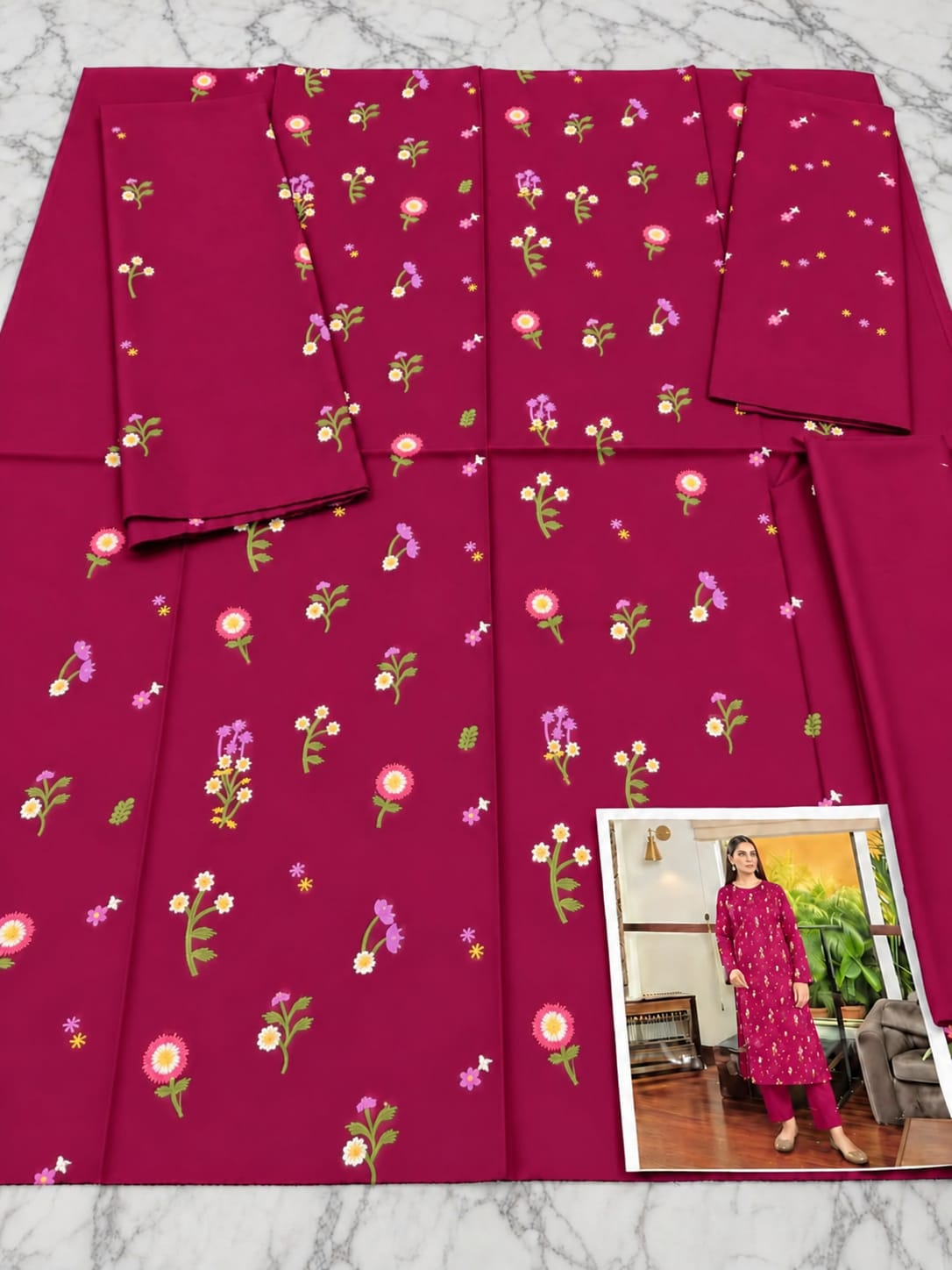 Floral and Motif Dhanak - 2-Piece Unstitched Collection; Fuchsia Sprig, actual fabric and design detail.
