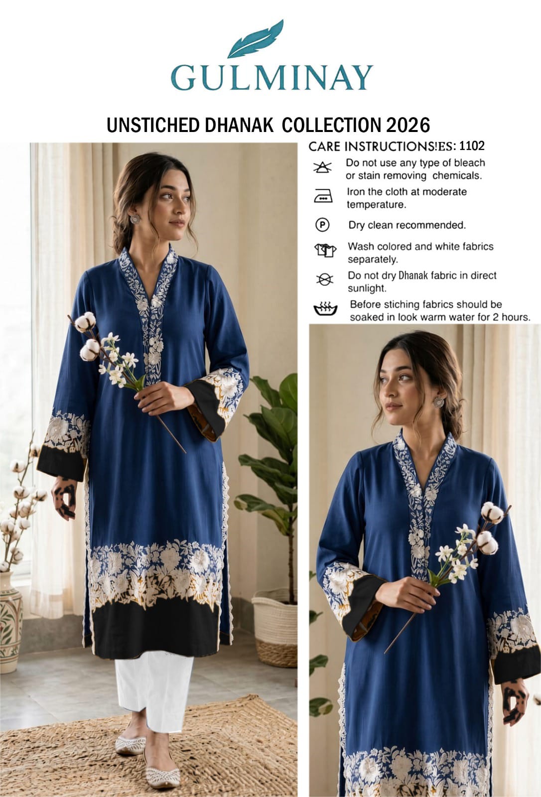 Floral and Motif Dhanak - 2-Piece Unstitched Collection; Navy and Cream Border, original model view.