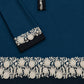 Floral and Motif Dhanak - 2-Piece Unstitched Collection; Navy and Cream Border, actual fabric and design detail.