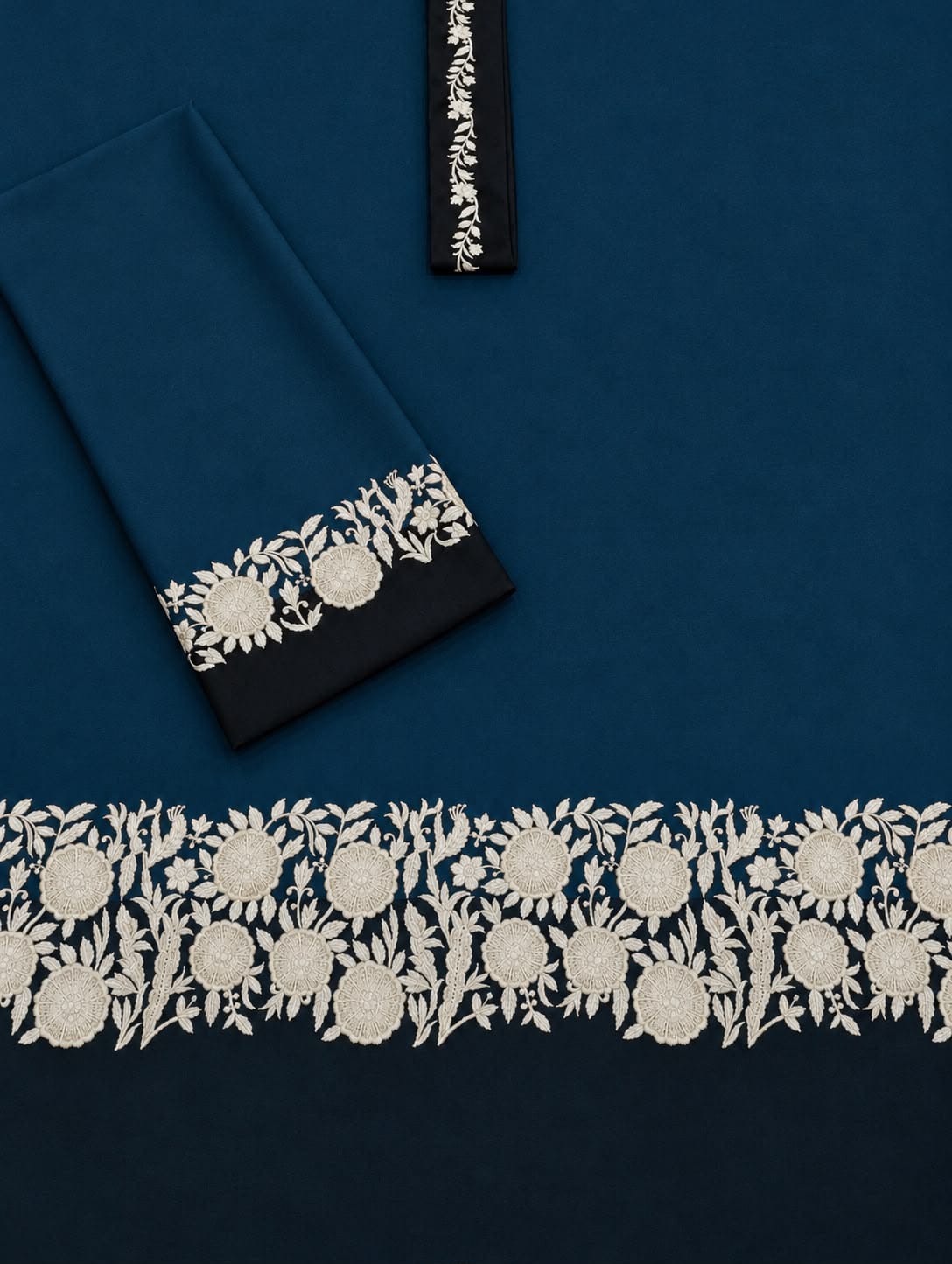 Floral and Motif Dhanak - 2-Piece Unstitched Collection; Navy and Cream Border, actual fabric and design detail.